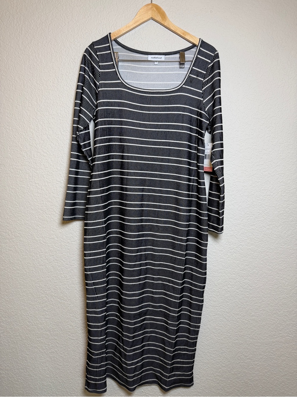 Motherhood Maternity Dress Large Black White Striped Ribbed Midi NWT